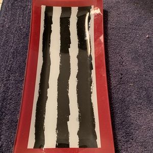 Glass Rectangular Serving Tray 12 5/8”L x 6” W Red, Black & White Stripes Smooth